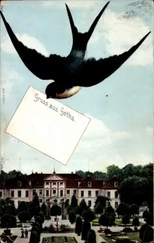 Ak Gotha Thüringen, Schwalbe mit Brief im Schnabel über dem Schloss