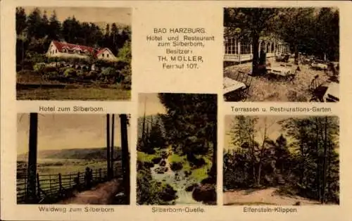 Ak Bad Harzburg, Hotel und Restaurant zum Silberborn, Th. Müller, Terrassen, Waldweg, Quelle