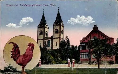 Ak Arenberg Koblenz am Rhein, roter Hahn, Kirche