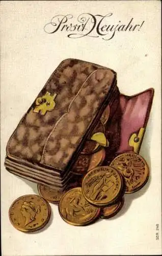 Präge Ak Glückwunsch Neujahr, Portemonnaie, Geld, Münzen