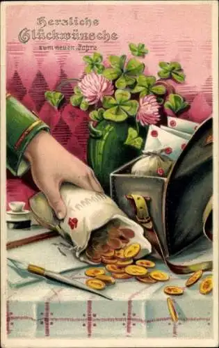 Präge Ak Glückwunsch Neujahr, Füller, Münzen, Glücksklee
