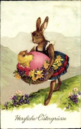 Ak Glückwunsch Ostern, Osterhase, Küken im Ei, Blumen