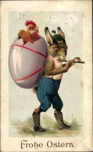 Ak Glückwunsch Ostern, Osterhase, Hahn im Ei, Flöte