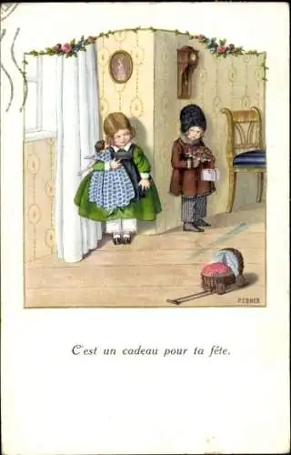 Künstler Ak Ebner, Pauli, Mädchen mit Puppe, Junge