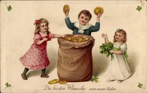 Präge Ak Glückwunsch Neujahr, Gelb, Sack, Kinder, Klee