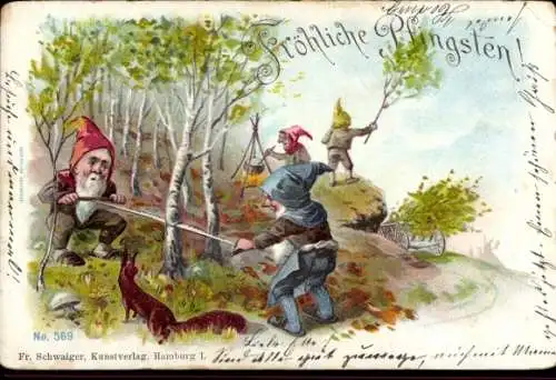 Litho Glückwunsch Pfingsten, Zwerge, Holzfäller, Säge, Eichhörnchen