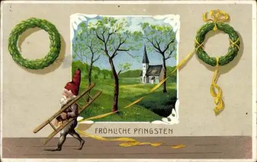 Ak Glückwunsch Pfingsten, Zwerg, Leiter, Baum, Kranz