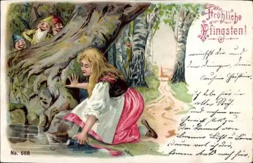 Litho Glückwunsch Pfingsten, Mädchen schöpft Wasser, Zwerge, Baum