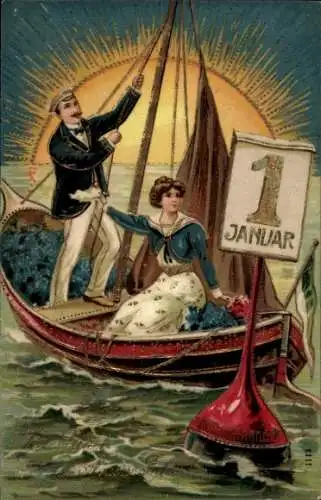 Präge Ak Glückwunsch Neujahr, Liebespaar im Ruderboot, Kalender, Boje