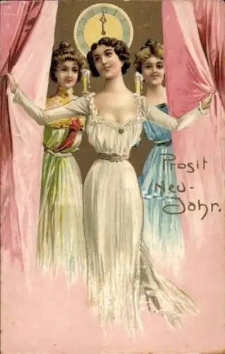 Litho Glückwunsch Neujahr, Buon Capo d'Anno, Frauen am Vorhang, Uhr, Sektgläser