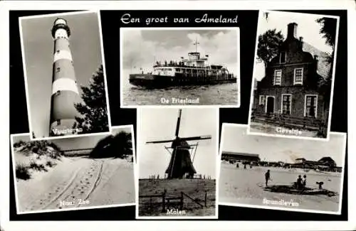 Ak Ameland-Friesland Niederlande, Leuchtturm, Mühle, Fassade, De Friesland