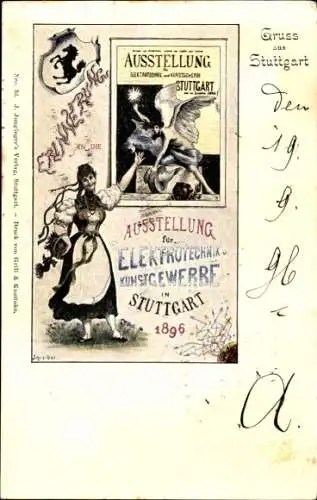 Ganzsachen Ak Stuttgart in Baden Württemberg, Ausstellung f. Elektrotechnik und Kunstgewerbe 1896