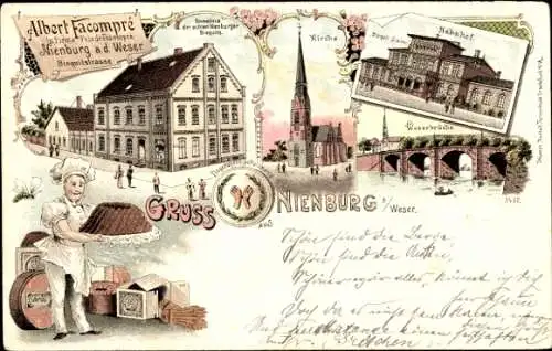 Litho Nienburg an der Weser, Firma Albert Facompre, Bisquitstraße, Konditor, Bahnhof, Kirche