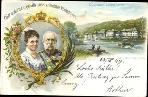 Ganzsachen Litho Dresden Pillnitz Elbe, König Albert von Sachsen mit Frau, Lustschloss Pillnitz