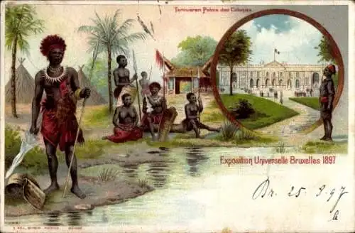 Litho Bruxelles Brüssel, Exposition Universelle 1897, afrikanische Einheimische Jäger, Palast