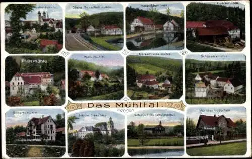 Ak Eisenberg in Thüringen, Robertsmühle, Klosterlausnitz, Walkmühle, Waldschlösschen, Pfarrmühle
