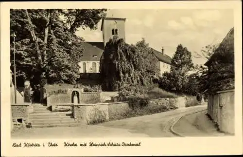 Ak Bad Köstritz in Thüringen, Kirche mit Heinrich Schütz Denkmal