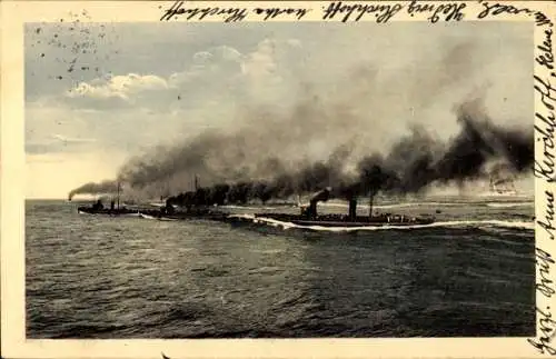 Ak Helgoland, Torpedobootsübung, deutsche Kriegsschiffe