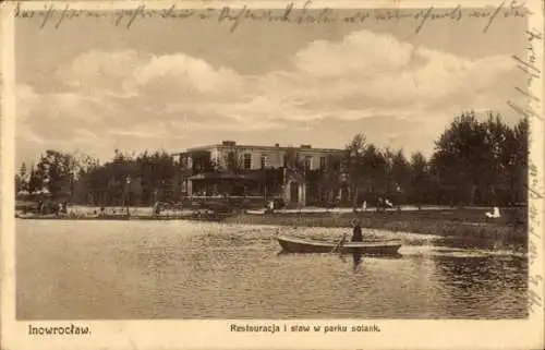 Ak Inowrocław Hohensalza Posen, Restaurant, Teich, Ruderboot