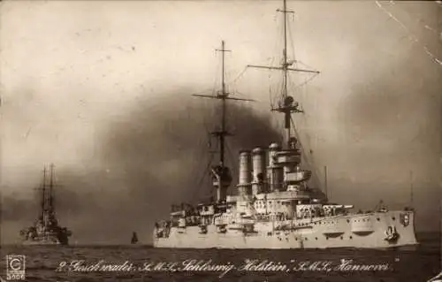 Ak Deutsche Kriegsschiffe, SMS Hannover, SMS Schleswig Holstein, Kaiserliche Marine