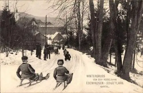 Ak Ebenhausen im Isartal Schäftlarn in Oberbayern, Rodelbahn, Schlitten