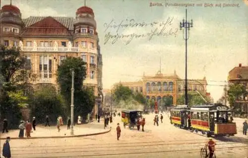 Ak Berlin Tiergarten, Potsdamer Platz, Bahnhof, Straßenbahn, Pferdekutsche, Passanten