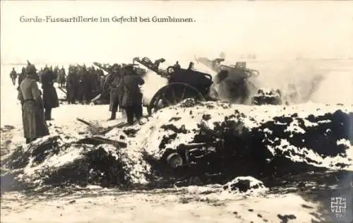 Ak Gussew Gumbinnen Ostpreußen, Östl. Kriegsschauplatz, Garde Fußartillerie im Gefecht, I WK