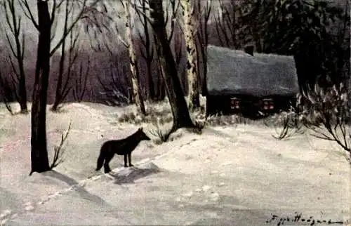 Künstler Ak Russland, Wohnhaus, Schnee, Winter, Hund