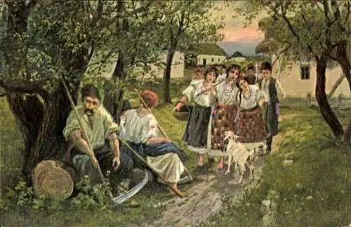 Künstler Ak Russland, Bauernfamilie, Sense, Russische Tracht, Wohnhäuser