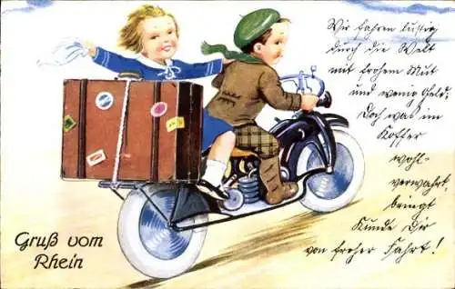 Ak Gruß vom Rhein, zwei Kinder auf dem Motorrad