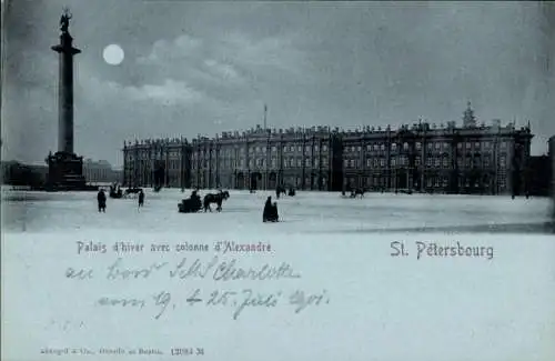Mondschein Ak Sankt Petersburg Russland, Winterpalast mit Alexandersäule