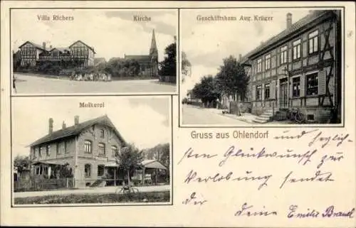 Ak Ohlendorf am Harz Salzgitter in Niedersachsen, Villa Richers, Kirche, Molkerei, Geschäftshaus