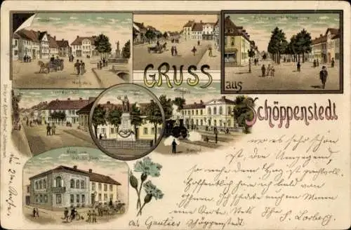 Litho Schöppenstedt in Niedersachsen, Marktplatz, Wilhelmstraße, Bahnhof, Hotel zum deutschen Haus