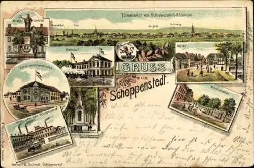 Litho Schöppenstedt in Niedersachsen, Totalansicht, Kriegerdenkmal, Zuckerfabrik, Markt, Hotel