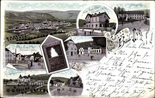 Litho Bad Orb, Panorama, Rüppelsmühle, altes und neues Badehotel, Amtsgericht, Kinderheilanstalt