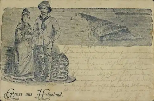 Ak Nordseeinsel Helgoland, Gesamtansicht, Fischer mit Frau