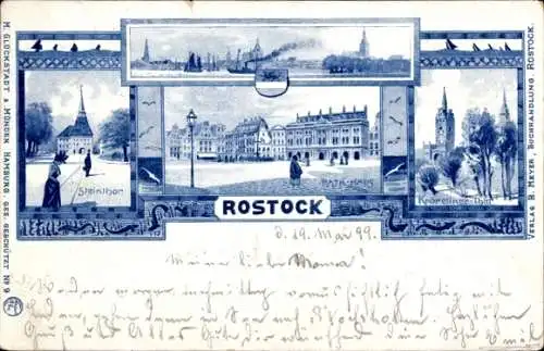 Litho Rostock in Mecklenburg Vorpommern, Steintor, Rathaus, Kröpeliner Tor