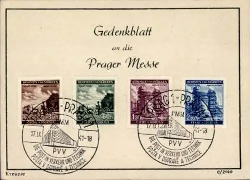 Briefmarken Ak Gedenkblatt an die Prager Messe 1941