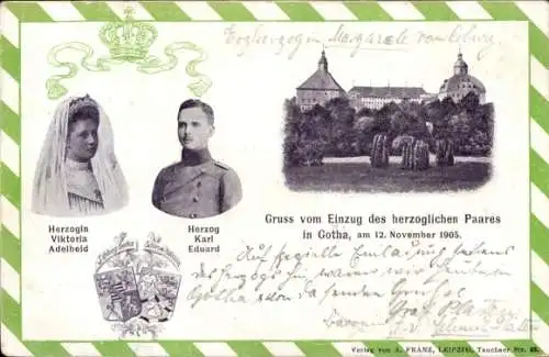 Wappen Ak Gotha in Thüringen, Herzogin Viktoria Adelheid, Herzog Karl Eduard Sachsen Coburg Gotha