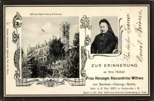 Ak Herzogin Alexandrine Witwe von Sachsen Coburg Gotha, Schloss Callenberg, Trauerkarte zum Tod