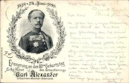 Ak Großherzog Carl Alexander von Sachsen Weimar Eisenach, 80. Geburtstag, 1818-1898