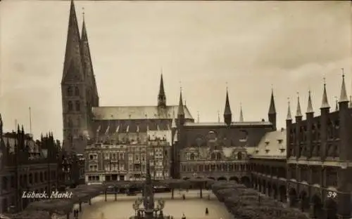 Ak Hansestadt Lübeck, Markt, Rathaus, Marienkirche