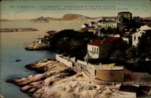 Ak Marseille Bouches du Rhône, La Corniche, Malmousque et vue sur les Iles