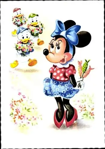 Ak Walt Disney, Minnie Maus, Tick, Trick und Track, Blumen