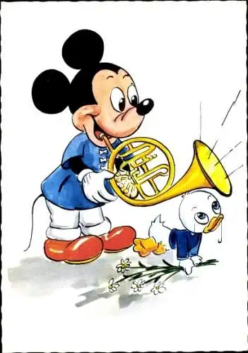 Ak Walt Disney, Mickey Maus, Das Waldhorn tönt zum Steinerweichen