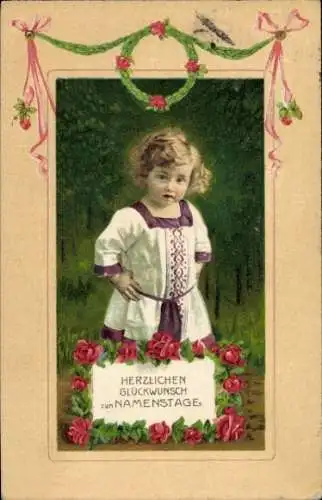 Präge Ak Glückwunsch Namenstag, Kind-Porträt, Blumen, Rosen