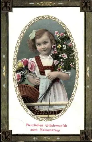 Passepartout Ak Glückwunsch Namenstag, Mädchen, Blumenstrauß