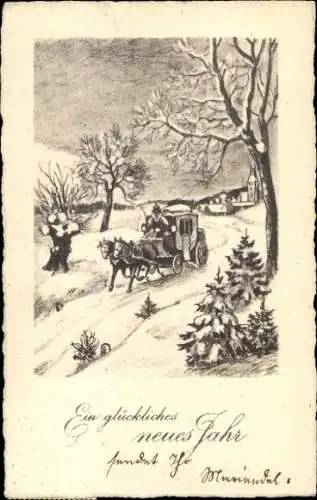 Ak Glückwunsch Neujahr, Kutsche, Schnee, Tannenbäume