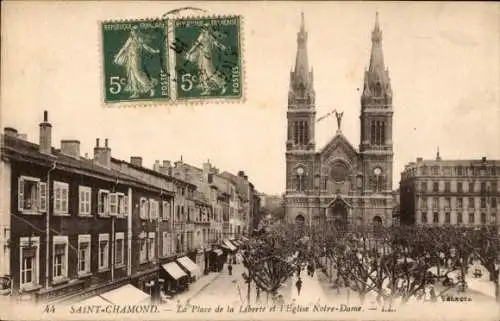Ak Saint Chamond Loire, Place de la Liberte, Eglise Notre Dame