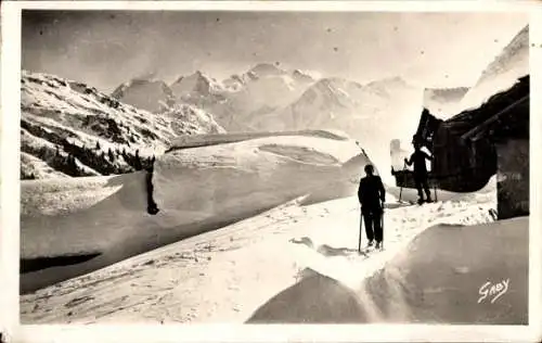 Ak Chamonix Mont Blanc Haute Savoie, Guébriant, les chalets savoyards en hiver